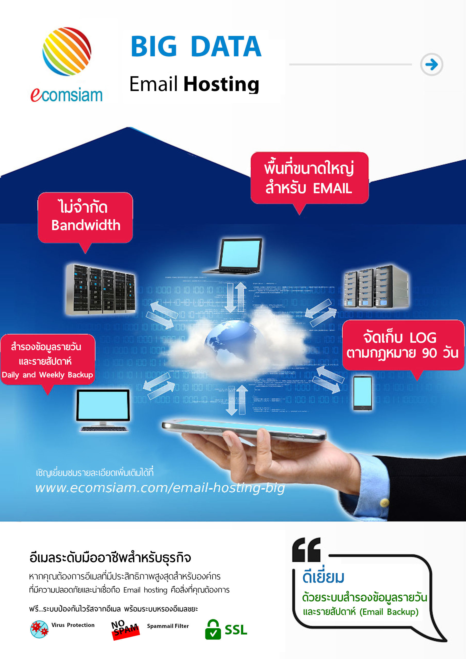 โบรชัวรบริการ email Web Hosting thai คุณภาพ บริการดี พื้นที่มาก ราคาถูก คุณภาพสูง  email host ฟรี SSL ระบบควบคุมจัดการ Web hosting ไทย ที่ง่าย สะดวก และปลอดภัย email hosting BIG DATA อีเมลสำหรับธุรกิจของคุณ มีระบบเก็บ log file ตามกฏหมาย มีความปลอดภัยในการใช้งาน พร้อมมีระบบสำรองข้อมูลรายวัน (daily backup) และ สำรองข้อมูลรายสัปดาห์ (weekly backup) ระบบป้องกันไวรัสจากอีเมล์ (virus protection) พร้อมระบบกรองสแปมส์เมล์หรือกรองอีเมล์ขยะ (Spammail filter) พื้นที่ใช้งานของ email hosting จำนวนมากถึง 20 ถึง 80 GB เริ่มต้นเพียง 3000 บาทต่อปี ไม่จำกัด bandwidth สอบถามรายละเอียดเพิ่มเติม email hosting ทดลองใช้ email hosting ฟรี 14 วัน โทร.หาเราตอนนี้เลย  02-9682665  ecomsiam.com/email-hosting-big บริการ web hosting thailand บริการเว็บไซต์สำเร็จรูป ออกแบบเว็บไซต์ บริการจดโดเมน และเว็บโฮสติ้งฟรีโดเมน (web hosting ฟรีโดเมน ฟรี SSL) โฮสติ้งคุณภาพ บริการลูกค้าดี ดูแลดี  แนะนำเว็บโฮสติ้ง โดย ecomsiam.com