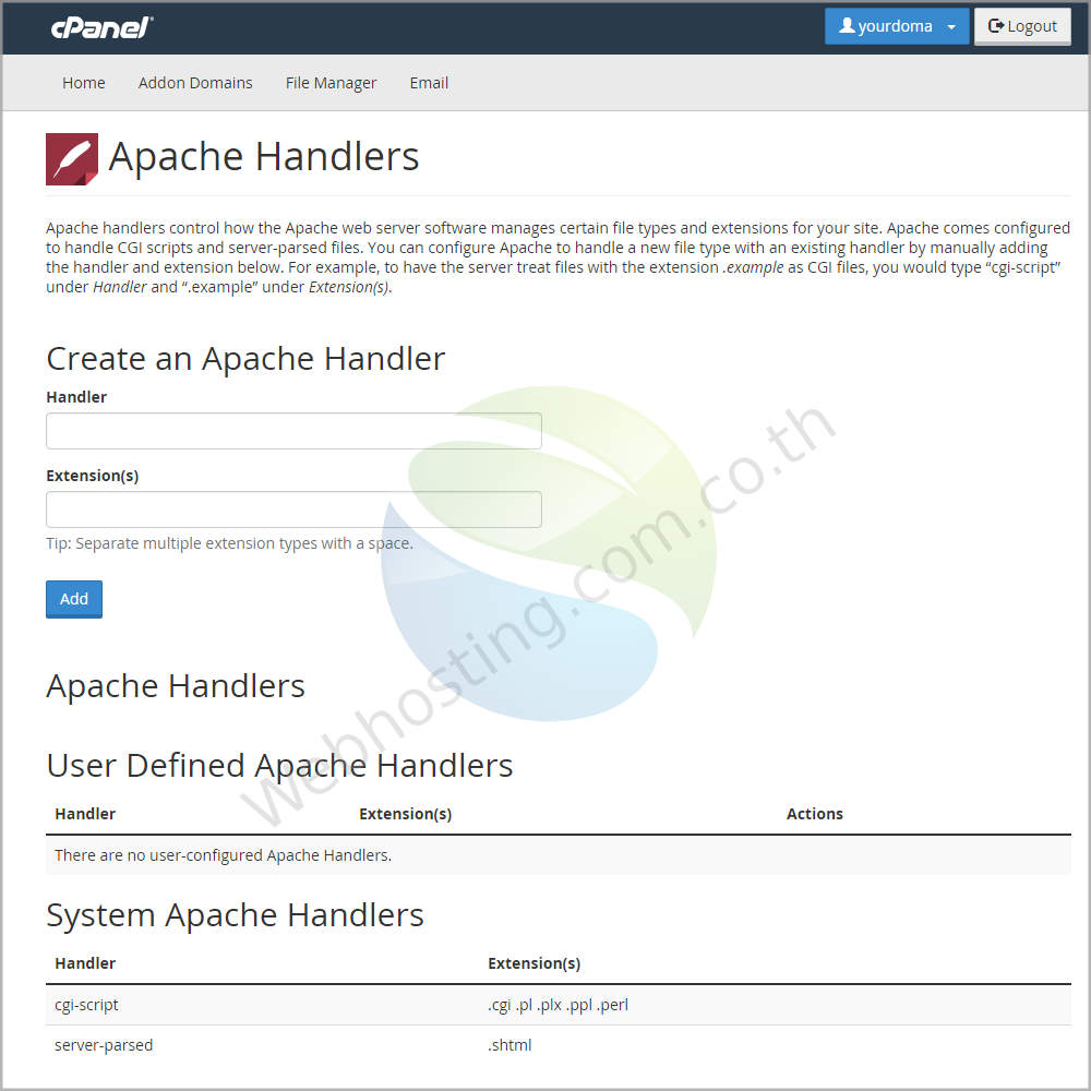 cpanel web hosting screen ระบบจัดการเว็บโฮสติ้งด้วย Cpanel-Apache handlers หน้าจอสำหรับการสร้างและจัดการเพิ่มเติมกับสกุุลไฟล์ บนเว็บเซิร์ฟเวอร์  ประกอบด้วย ฟังก์ชั่นการทำงานกำหนดค่าสกุลไฟล์ที่ต้องการใช้งานบนเซิร์ฟเวอร์