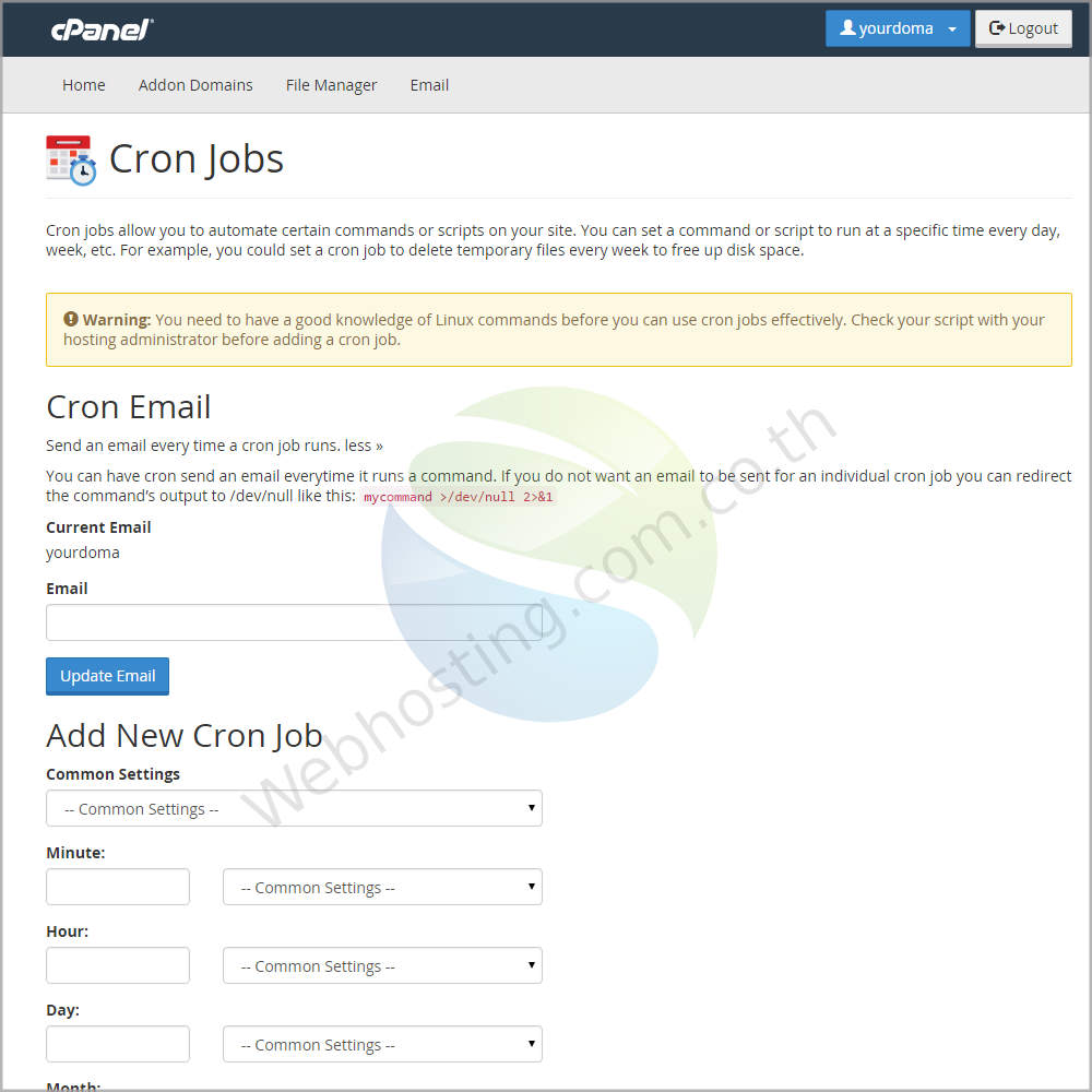 cpanel web hosting screen ระบบจัดการเว็บโฮสติ้งด้วย Cpanel-Cron jobs หน้าจอสำหรับการกำหนดค่าคำสั่งหรือสคริปต์ให้ทำงานซ้ำ  ประกอบด้วย ฟังก์ชั่นการกำหนดค่าคำสั่ง หรือกำหนดสคริปต์ที่ต้องการให้ทำงานซ้ำๆ โดยคุณสามารถ - กำหนดอีเมล์ที่รับแจ้งผลการทำงาน (Email) - กำหนด ช่วงเวลาที่จะให้คำสั่งทำงานซ้ำ เช่น ทุกนาที ทุกชั่วโมง ทุกวัน ทุกอาทิตย์ หรือทุกเดือน เป็นต้น (Add New Cron Job) แก้ไขหรือลบ Cron Jobs (Current Cron Jobs) 
