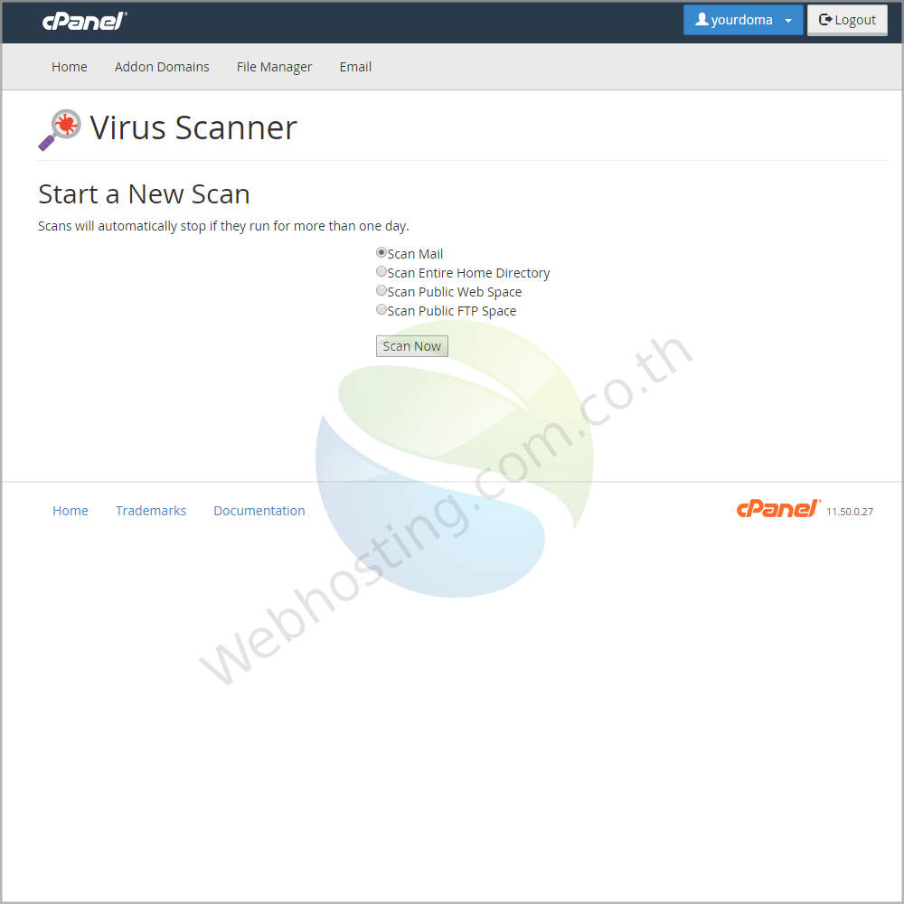 Cpanel web hosting แนะนำหน้าจอ cpanel screen - Virus Scanner หน้าจอสำหรับสแกน virus ใน Cpanel ของคุณ ซึ่งประกอบด้วย Scan Mail, Scan Entire Home Directory, Scan Public Web Space, Scan Public FTP Space 