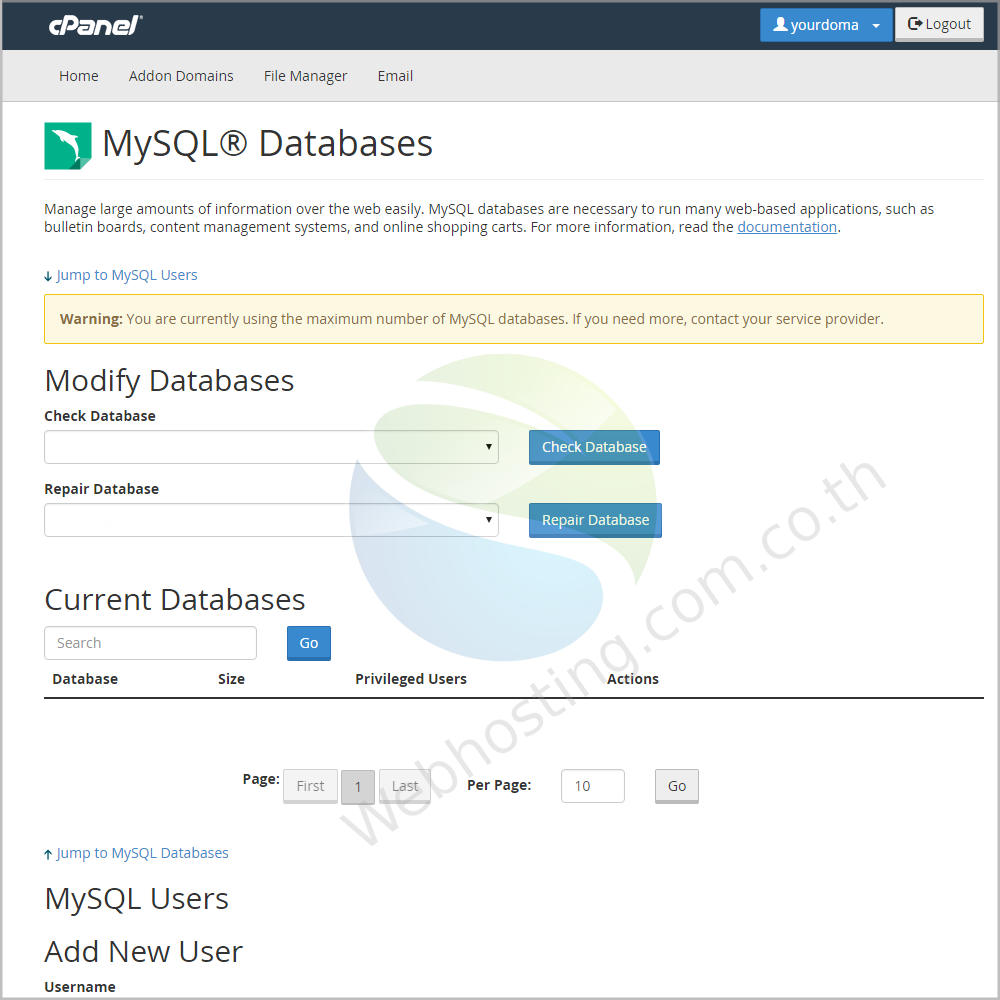 Cpanel web hosting แนะนำหน้าจอ cpanel screen - ระบบจัดการเว็บโฮสติ้งด้วย Cpanel -mySQL Database เป็นหน้าจอใช้สำหรับการจัดการฐานข้อมูล mySql