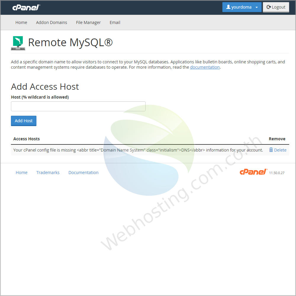 Cpanel web hosting แนะนำหน้าจอ cpanel screen - ระบบจัดการเว็บโฮสติ้งด้วย Cpanel Cpanel- remote mysql ช่วยในการเข้าถึงฐานข้อมูล MySQL ในบัญชีของคุณ จากโฮสต์ระยะไกล (เซิร์ฟเวอร์)