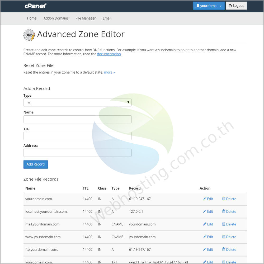 Cpanel web hosting แนะนำหน้าจอ cpanel screen - ระบบจัดการเว็บโฮสติ้งด้วย Cpanel- -advanced zone editor เป็นการแก้ไข DNZ ZONE 