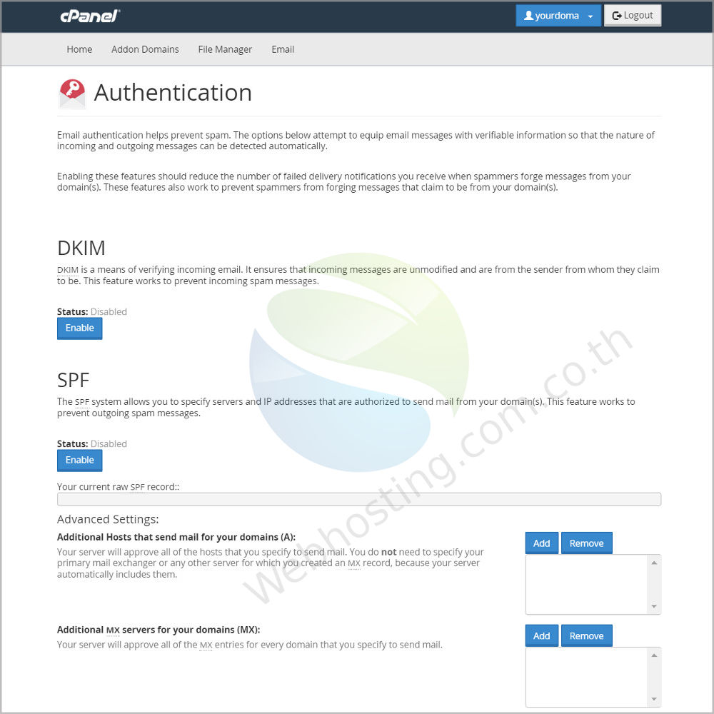 Cpanel web hosting แนะนำหน้าจอ cpanel screen - ระบบจัดการเว็บโฮสติ้งด้วย Cpanel - authentication หน้าจอสร้าง และจัดการการตรวจสอบความปลอดภัยของอิเมล์ที่ส่งเข้ามา ว่าอีเมล์นั้น มีความน่าเชื่อถือและปลอดภัยหรือไม่