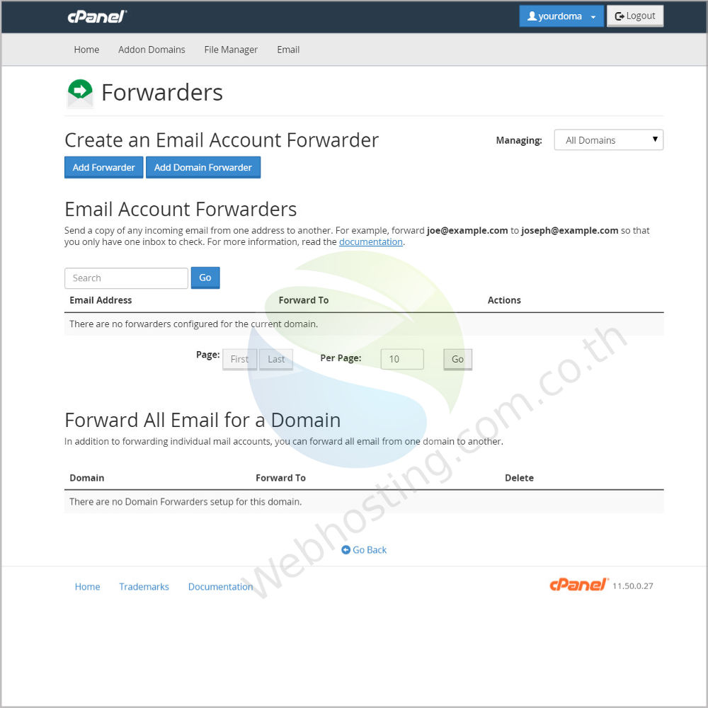 Cpanel web hosting แนะนำหน้าจอ cpanel screen - ระบบจัดการเว็บโฮสติ้งด้วย Cpanel - forwarder หน้าจอสร้างและจัดการการกำหนดค่าเพื่อให้อีเมล์ส่งต่อไปยัง อีเมล์อื่นๆ  