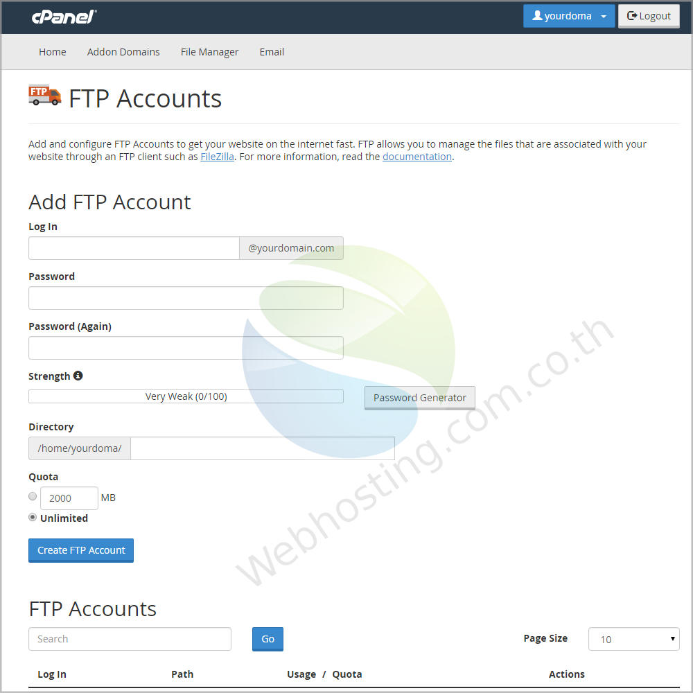 Cpanel web hosting แนะนำหน้าจอ cpanel screen - ระบบจัดการเว็บโฮสติ้งด้วย Cpanel-ftp account คือการสร้างผู้ใช้ /User Account ไว้ใช้สำหรับการเชื่อมโยงกับเซิฟท์เวอร์ ด้วย Port FTP -แนะนำโดย web hosting thai - webhostthai.com 