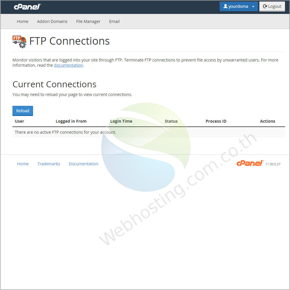 web hosting thai cpanel screen - ระบบจัดการเว็บโฮสติ้งด้วย Cpanel-ftp connection หรือการเชื่อมต่อ FTP ช่วยให้คุณเห็นการทำงานที่มีการบันทึกไว้ในเว็บไซต์ของคุณ ผ่านทาง FTP ซึ่งการมองเห็น FTP connection นี้ จะช่วยป้องกันการเข้าถึงไฟล์จากผู้ไม่หวังดี