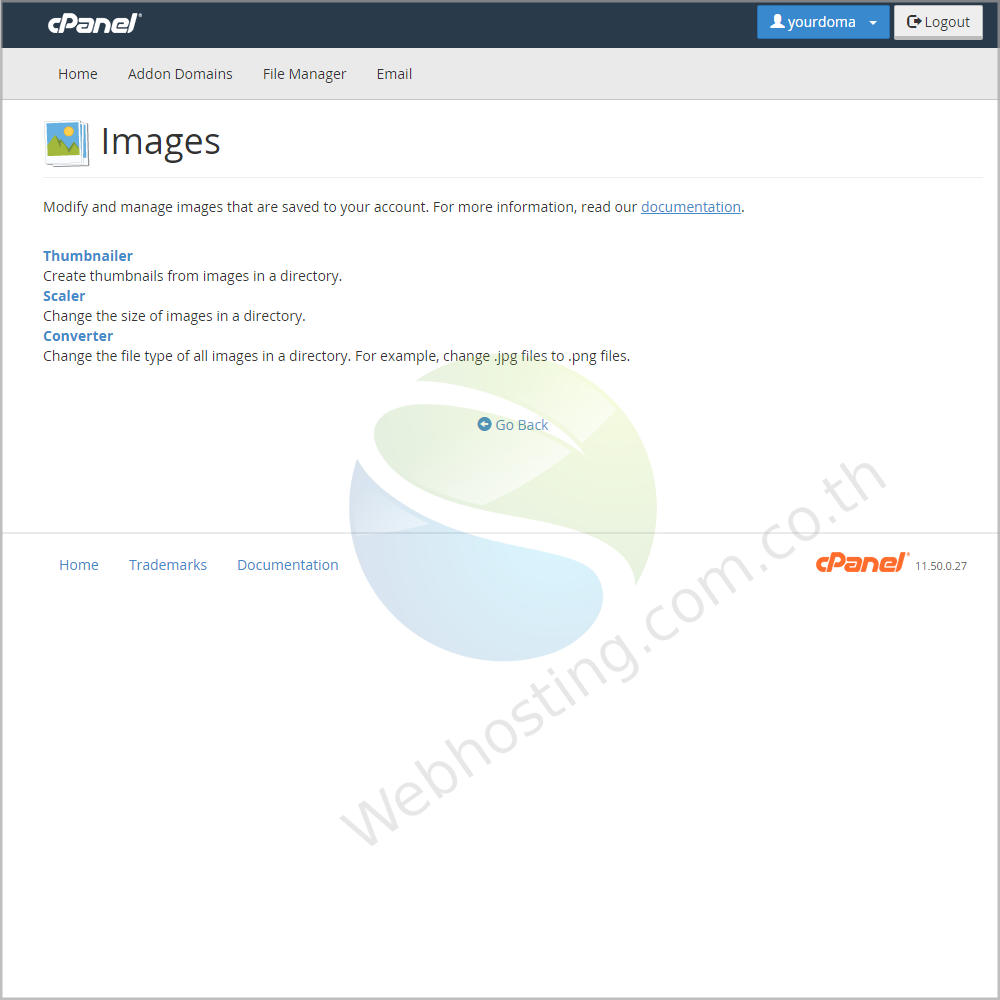 web hosting thai cpanel screen - ระบบจัดการเว็บโฮสติ้งด้วย Cpanel- images หน้าจอจัดการภาพในเว็บไซต์ของคุณ ด้วยการปรับขนาด, การแปลงไฟล์ หรือดูคุณสมบัติเฉพาะของภาพ