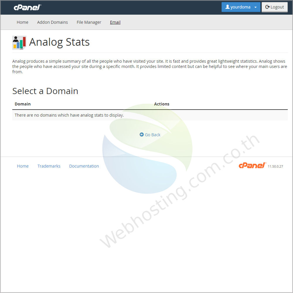 cpanel web hosting screen ระบบจัดการเว็บโฮสติ้งด้วย Cpanel- Analog Stats เป็นหน้าจอใช้สำหรับ แสดงสถิติเพื่อชี้วัด ผู้เยี่ยมชมเว็บไซต์ของคุณ