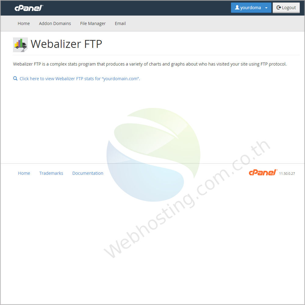 Cpanel web hosting แนะนำหน้าจอ cpanel screen - ระบบจัดการเว็บโฮสติ้งด้วย Cpanel Cpanel- Webalizer FTP เป็นหน้าจอใช้สำหรับแสดงเกี่ยวกับ ผู้ที่ใช้โปรโตคอล FTP เข้าถึงเว็บไซต์ของคุณ  ซึ่งแสดงในรูปแบบแผนภูมิและกราฟ
