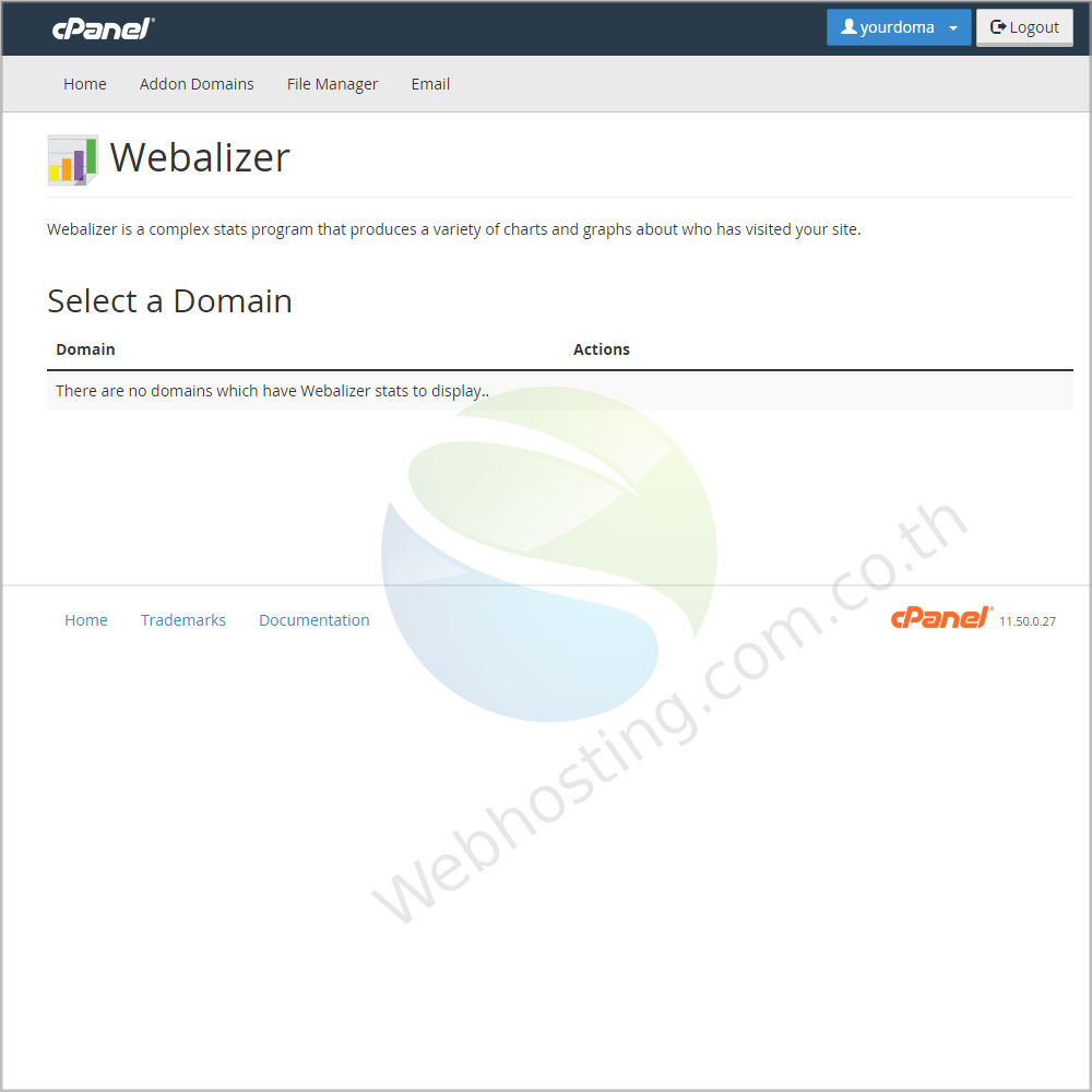 web hosting thai cpanel screen - ระบบจัดการเว็บโฮสติ้งด้วย Cpanel- Webalizer  เป็นหน้าจอเป็นหน้าจอใช้สำหรับ แสดงผลเกี่ยวกับ ผู้ที่ได้เข้าเยี่ยมชมเว็บไซต์ของคุณ โดยแสดงในรูปแบบของแผนภูมิ และกราฟ 