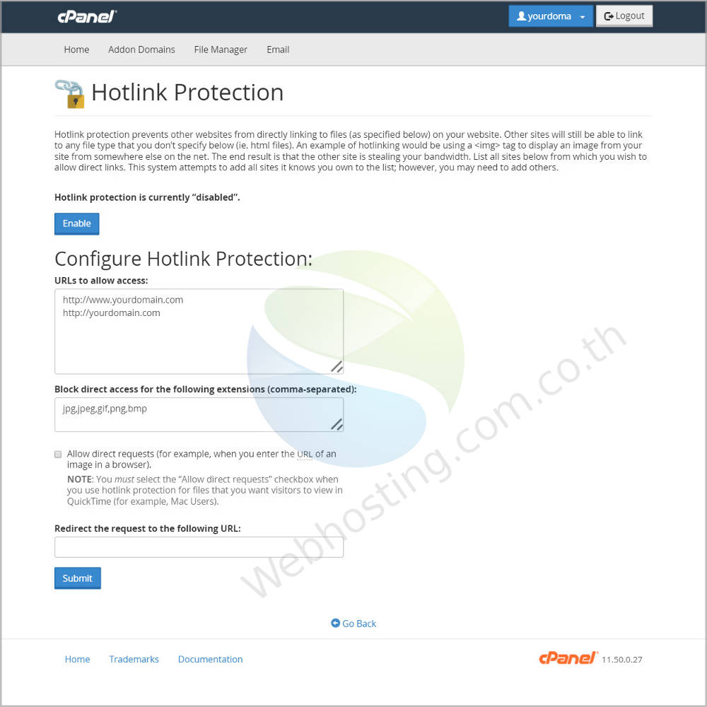 cpanel web hosting screen ระบบจัดการเว็บโฮสติ้งด้วย Cpanel-hotlink protection สำหรับป้องกันไฟล์ในเว็บไซต์ ที่ถูกเรียกใช้งาน โดยไม่ผ่านการเปิดเว็บไซต์ของเรา