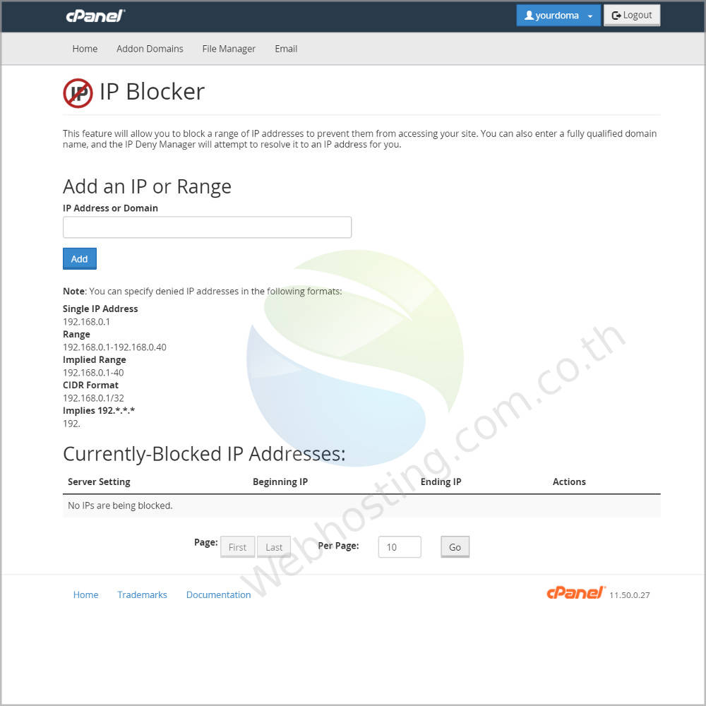 Cpanel web hosting แนะนำหน้าจอ cpanel screen - ระบบจัดการเว็บโฮสติ้งด้วย Cpanel-IP Blocker เป็นหน้าจอของกำหนดค่า เพื่อปฏิเสธไอพี / IP เพื่อป้องกันการเข้าถึงเว็บไซต์