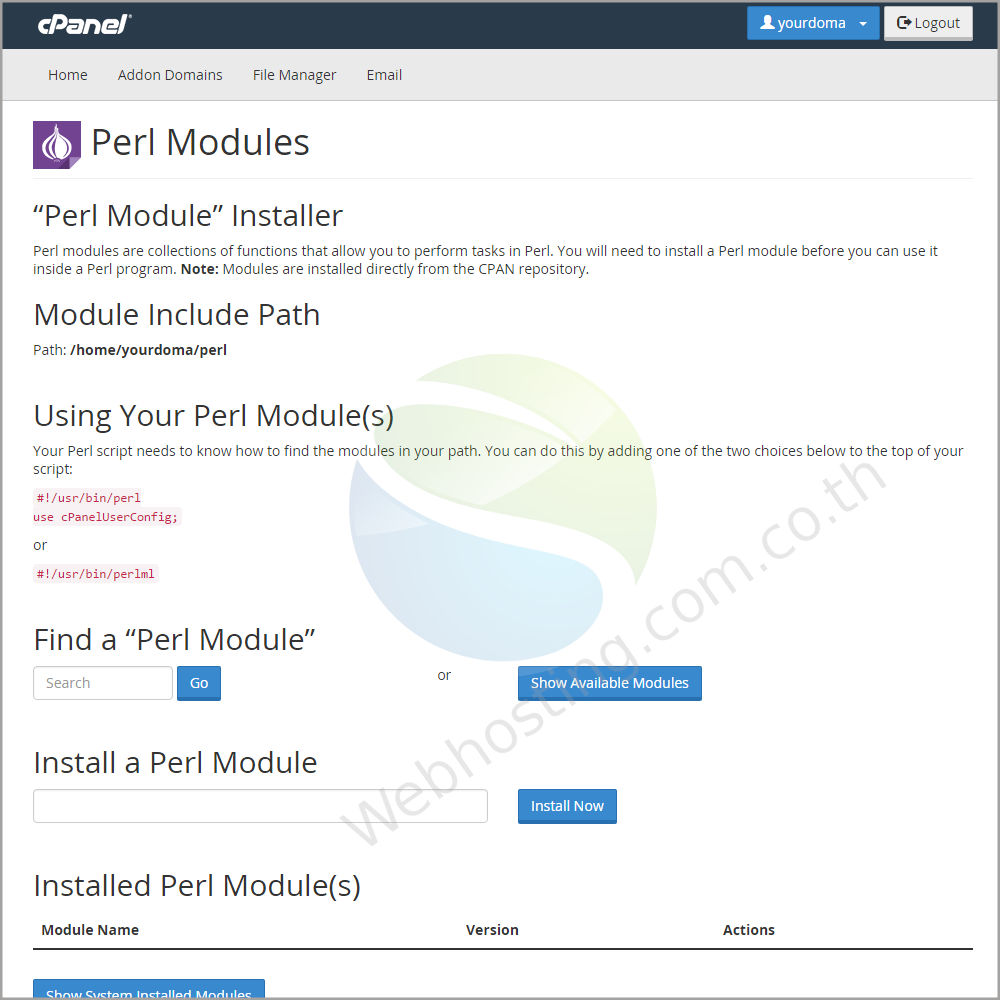 cpanel web hosting screen ระบบจัดการเว็บโฮสติ้งด้วย Cpanel-Perl Modules หน้าจอสำหรับการจัดการส่วนขยายโมดูลเพิร์ล ประกอบด้วย ฟังก์ชั่นการทำงานในการจัดการเกี่ยวกับโมดูลเพิร์ล (Perl modules) เช่น การค้นหา การเพิ่ม Perl modules บนเว็บไซต์ของคุณ